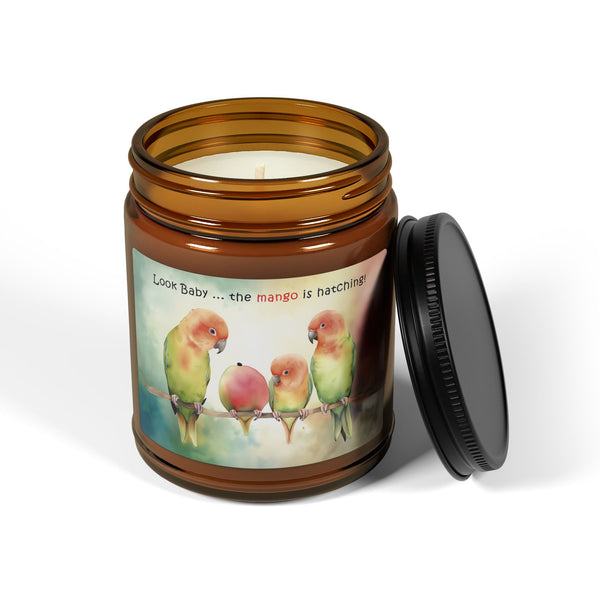 Lovebird Parents and Baby Watching Mango Hatching on a Branch, Scented Soy Candle 9oz