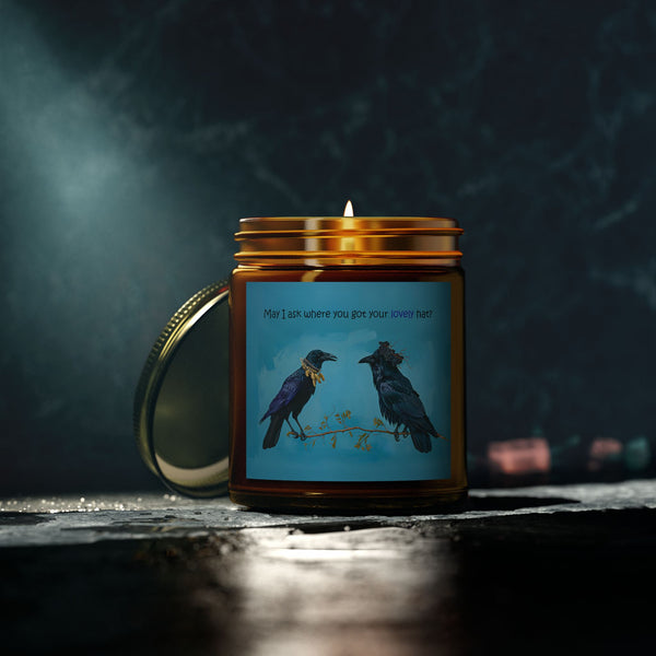 Whimsical Crow and Raven Candle: "May I Ask Where You Got Your Lovely Hat?" - Coconut Apricot Wax, Cotton Wick (4oz & 9oz)