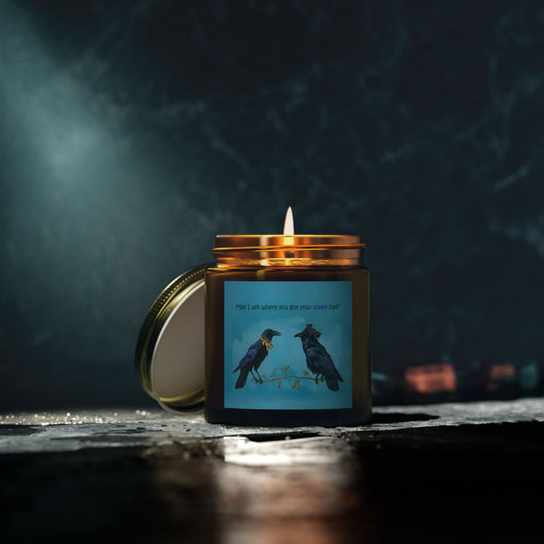 Whimsical Crow and Raven Candle: "May I Ask Where You Got Your Lovely Hat?" - Coconut Apricot Wax, Cotton Wick (4oz & 9oz)