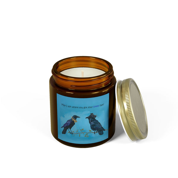 Whimsical Crow and Raven Candle: "May I Ask Where You Got Your Lovely Hat?" - Coconut Apricot Wax, Cotton Wick (4oz & 9oz)