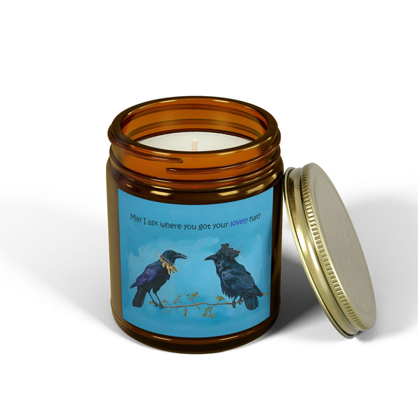 Whimsical Crow and Raven Candle: "May I Ask Where You Got Your Lovely Hat?" - Coconut Apricot Wax, Cotton Wick (4oz & 9oz)