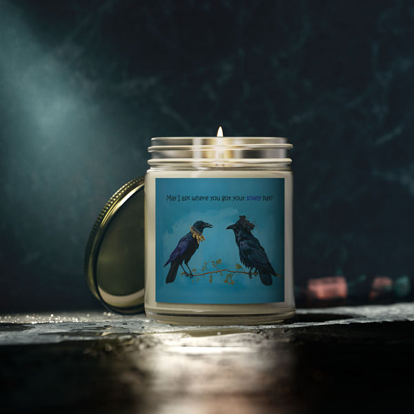 Whimsical Crow and Raven Candle: "May I Ask Where You Got Your Lovely Hat?" - Coconut Apricot Wax, Cotton Wick (4oz & 9oz)