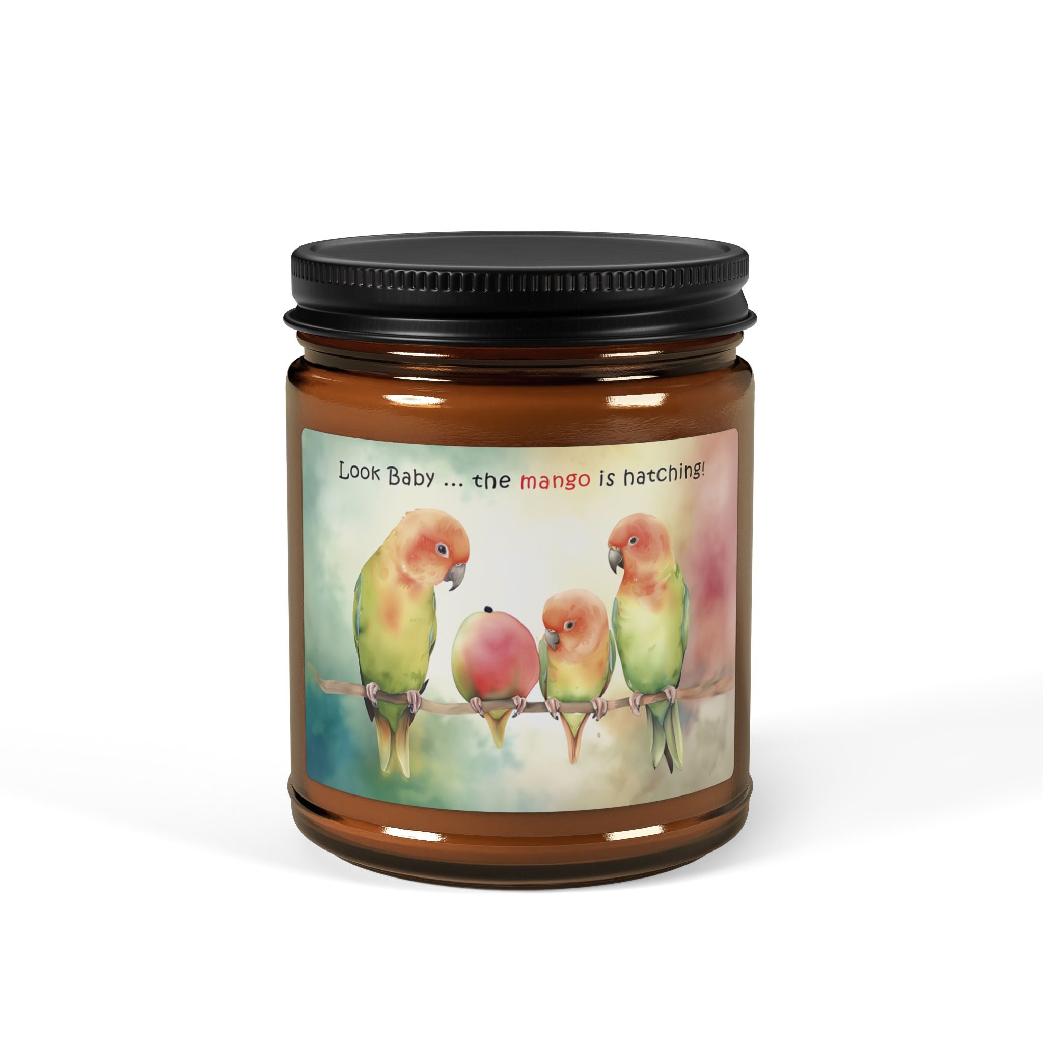 Lovebird Parents and Baby Watching Mango Hatching on a Branch, Scented Soy Candle 9oz