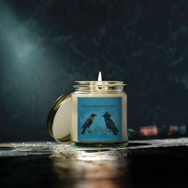 Whimsical Crow and Raven Candle: "May I Ask Where You Got Your Lovely Hat?" - Coconut Apricot Wax, Cotton Wick (4oz & 9oz)