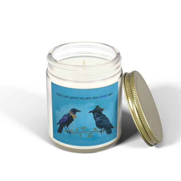 Whimsical Crow and Raven Candle: "May I Ask Where You Got Your Lovely Hat?" - Coconut Apricot Wax, Cotton Wick (4oz & 9oz)