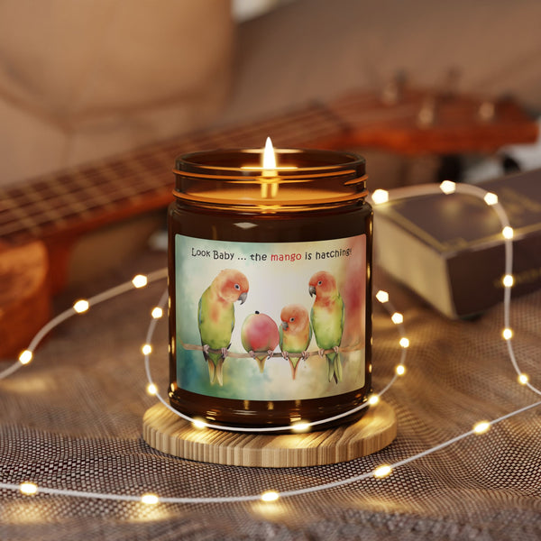 Lovebird Parents and Baby Watching Mango Hatching on a Branch, Scented Soy Candle 9oz