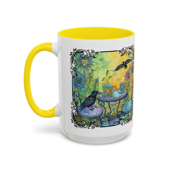 Raven and Crow Zentangle Tea Party, Bird Lover Gift, Colorful Accent Coffee Mug (11, 15oz)