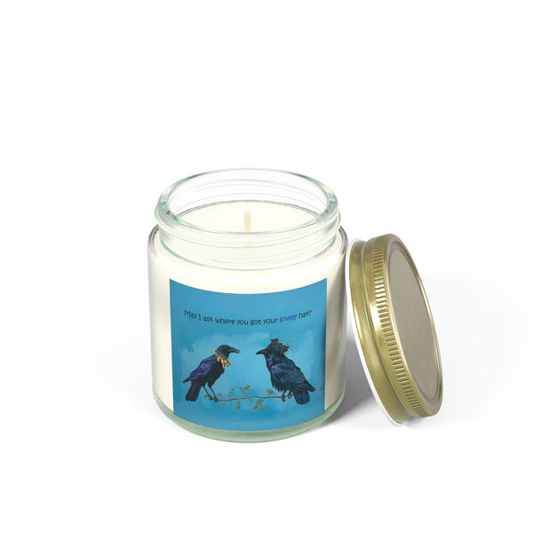 Whimsical Crow and Raven Candle: "May I Ask Where You Got Your Lovely Hat?" - Coconut Apricot Wax, Cotton Wick (4oz & 9oz)