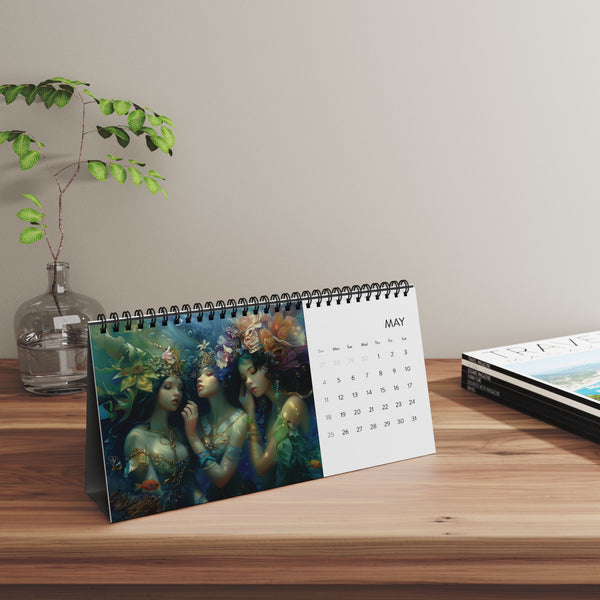 2025 Goddess Desktop Calendar with Spiral Binding, Dreamy Water Goddesses, Mermaidcore, Fairycore, Beautiful Underwater Fantasy Gift for Her