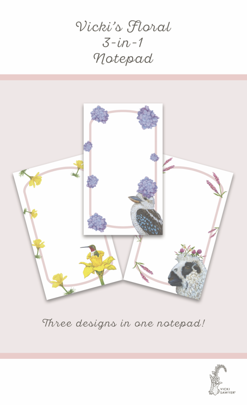 Vicki Sawyer's 3-in-1 Floral Notepad with an Hummingbird, Sheep and Kookaburra - 6x10 inches