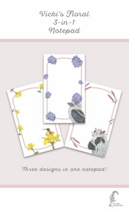 Vicki Sawyer's 3-in-1 Floral Notepad with an Hummingbird, Sheep and Kookaburra - 6x10 inches