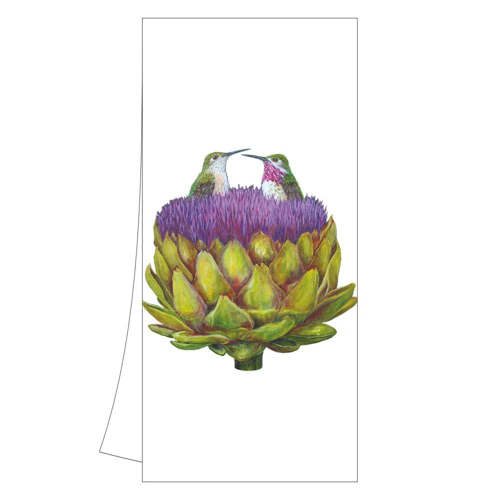 Love at First Artichoke - Hummingbird Kitchen Towel with artwork by Vicki Sawyer