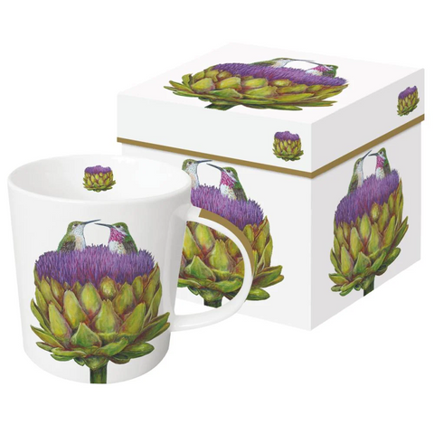 "Love at First Artichoke" Hummingbird Gift-Boxed Mug - Artwork by Vicki Sawyer