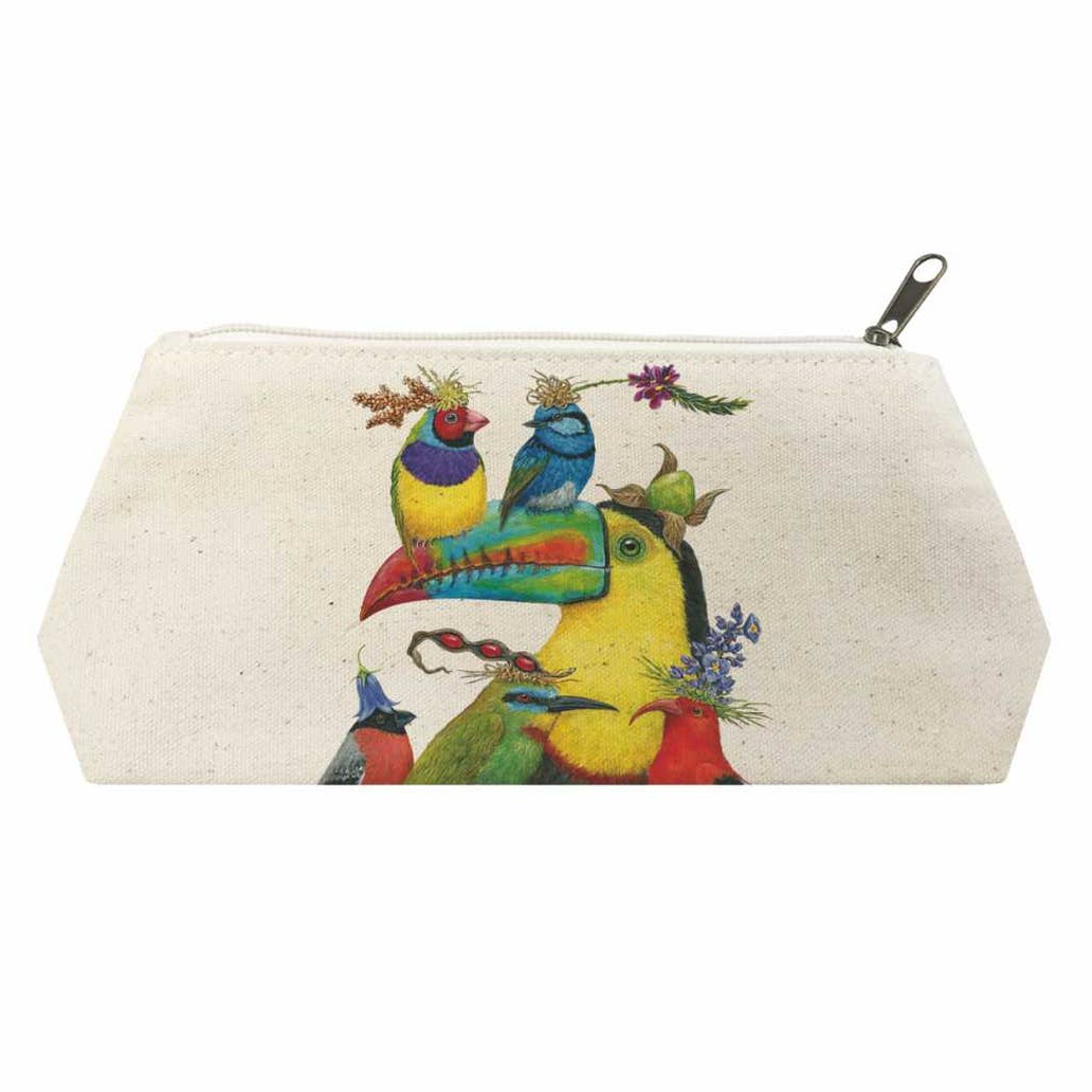 "World Travelers" Canvas Cosmetic Bag with Toucan, Gouldian Finch Bird Artwork by Vicki Sawyer